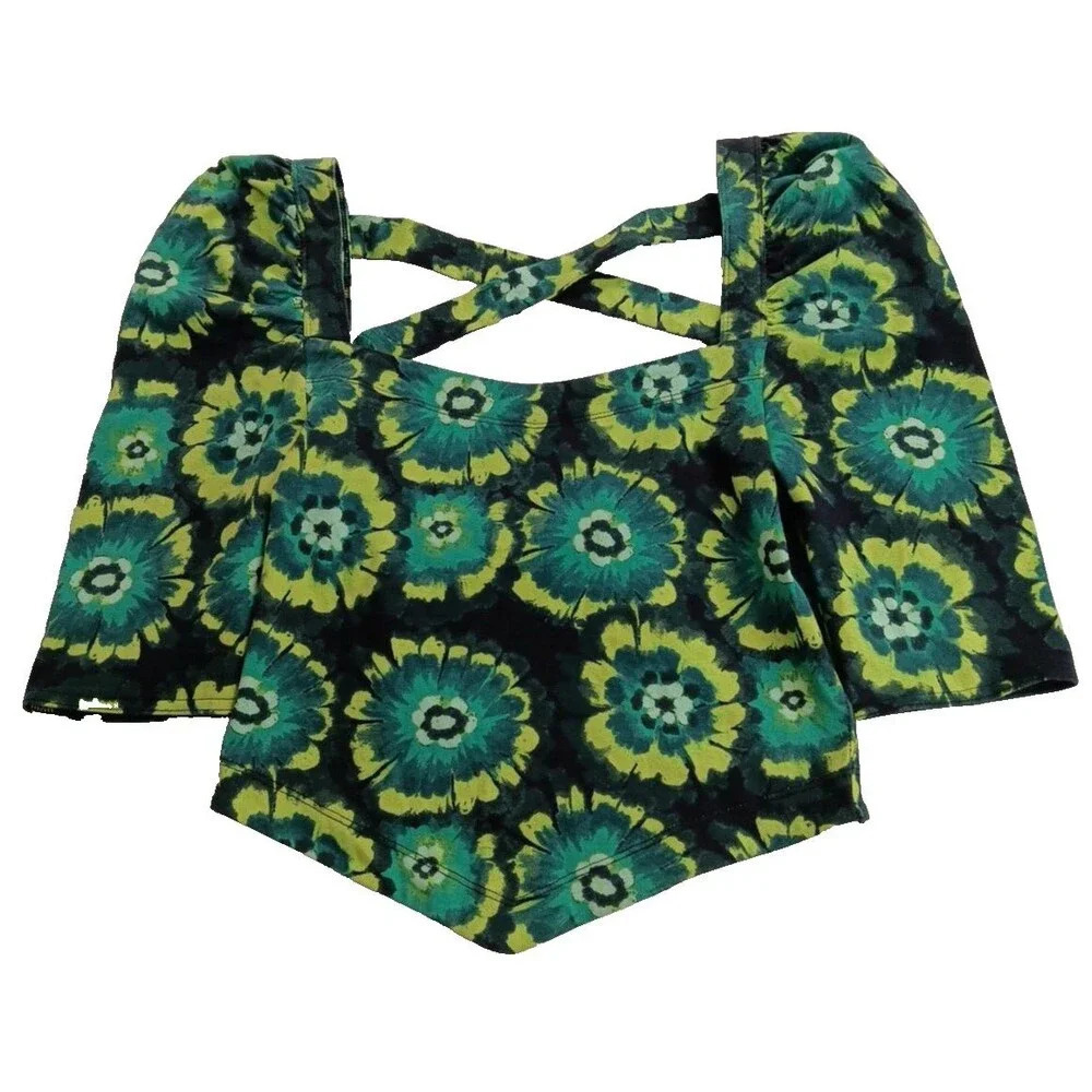 Free People Retro Hippie Green Square Neck Puff Sleeve Bandana Original! Small‎